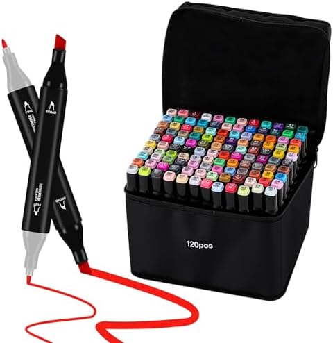 120 Colors Dual Tip Alcohol Markers, Dual Tips Art Markers, Permanent Sketch Marker Set for Adults Coloring, Painting, Sketching, Illustrations