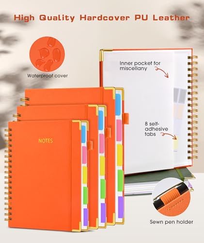 Hardcover Spiral Notebook Journal with Removable Dividers Tabs, 300 Pages Leather 5 Subject Notebook College Ruled, 8"x10" Large Notebooks for Work School Note taking, Lined Journal for Women, Orange