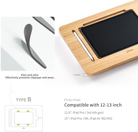 ELETIUO Upgraded Bamboo Wooden Drawing Ipad Holder with Pencil&Charger Cable Slot, Multi-Angle Adjustable Tablet Desktop,Foldable Portable Stand,Compatible with 12.9 inch ipad pro 3rd/4th/ 5th Gen