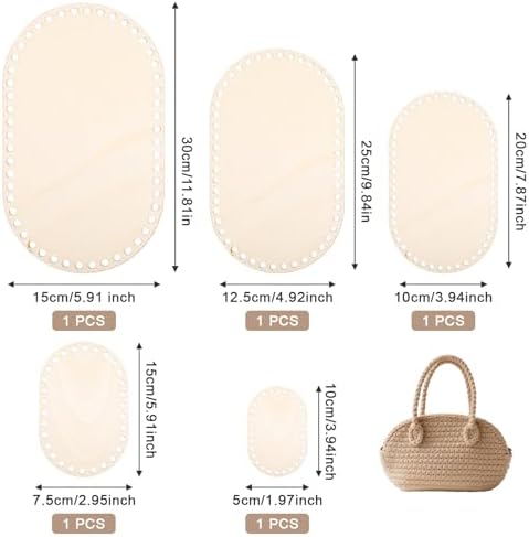 5 Pcs Wooden Basket Bottom for Crocheting, 5 Sizes Wooden Oval Blank Solid Crochet Basket Base for DIY Basket - Weaving Supplies, Home Decoration