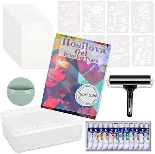 Reusable Gel Printing Plate Kit- 8" X 10" Gel Plate with Acrylic Paint, Printing Paper, Stencil, Storage Box, Rubber Roller, Baren, Easy Clean Plate,DIY Printmaking for Art Card Making, Scrapbooking