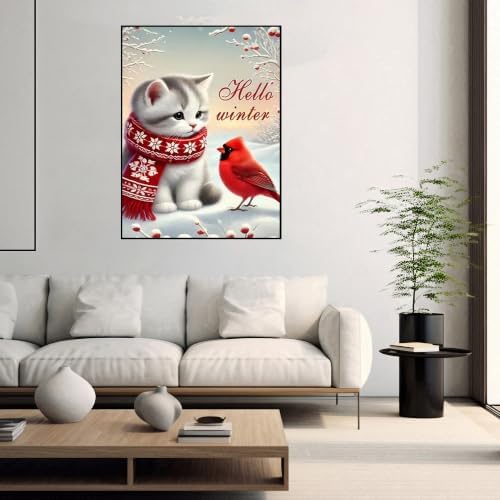 Christmas Diamond Art Kits for Adults, Cat Cardinal Diamond Painting Kits