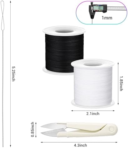 Stretchy Bracelet String Kit with Scissors & Beading Needle, 2 Rolls Elastic String for DIY Crafts, 1mm Stretchy Cord for Jewelry Making Sewing Necklace Beading, 330FT, (Black, White)