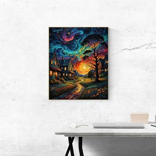 ldazao Framed Starry Paint by Numbers Kit for Adults, Country Night Paint by Number Artist Kits for Beginner Moon for Gift Home Wall Decor 9.5x12 Inch