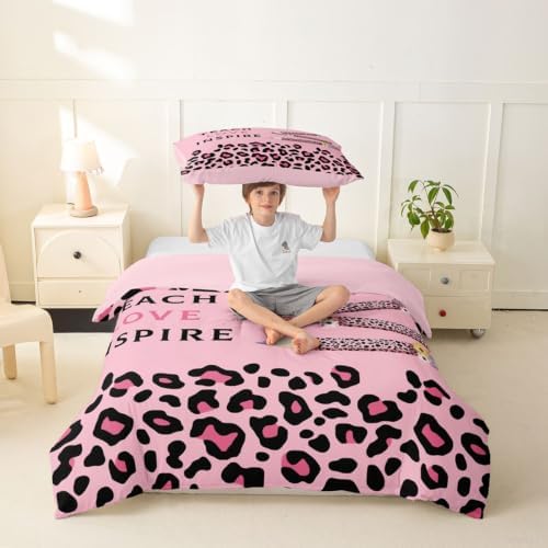 Erosebridal Pink Leopard Duvet Cover Twin Size Floral Leopard Pencil Bedding Set for Kids Boys Girls Pink Educator Artwork Comforter Cover Boho Aesthetic Bedclothes Room Decor
