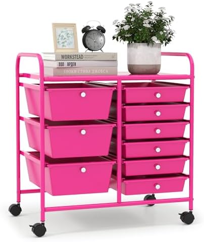 LDAILY 9 Drawer Rolling Storage Cart, Rolling Cart with Drawers for Classroom, Art Supply Craft Organizer on Wheel with Metal Frame & Handles for Home Office School