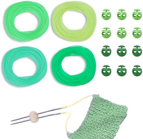 GeryVtee Cord Lock Kit Knitting Stitches Holder Barber Cord Stitch Markers Knit Stiches Keeper 12 Pcs Silicone Stitch Holders & 4 Rolls Round Barber Cords for Knitting Projects (Green Style)