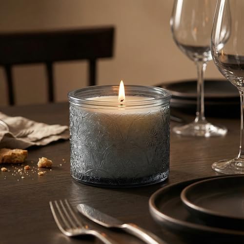 10 oz Gray Mandala Glass Candle Jars with Bamboo Lids, 9 Pack