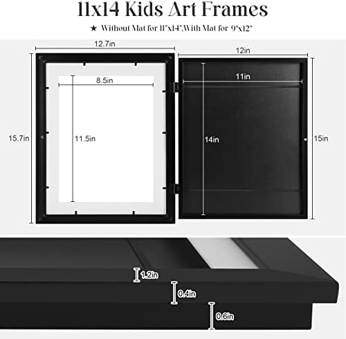2-Pack Kids Art Frames, 11x14 Front Opening Kids Artwork Frames Changeable, Displays 9x12 With Mat and 11x14 Without Mat, Holds 50 Pcs, for 3D Picture, Crafts, Children Drawing, Hanging Art, Portfolio