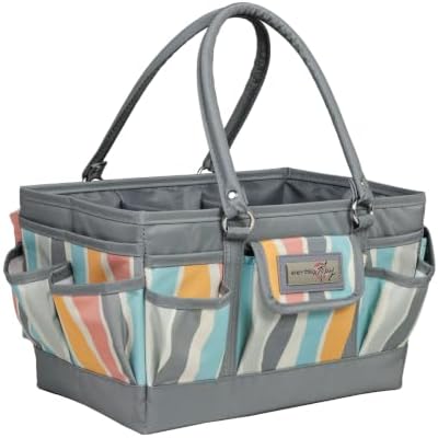 Everything Mary Deluxe Store & Tote Organizer – Grey Stripes Craft Caddy with Handle – Art Storage Tote for Sewing, Scrapbooking, DIY Projects & Crafting Tools