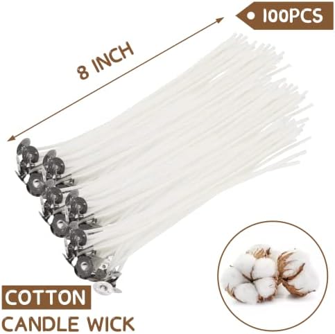 JEAWIWI 100 Pcs Cotton Candle Wicks, 8 in, with Wick Stickers & Holders