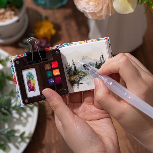 Qilery Mini Portable Watercolor Palette Set Wooden Grid Paint Box Watercolor Paper Sketch Book Brush Pens with Binder Clip for Painters Artist Not Include Paint(Red Flowers)