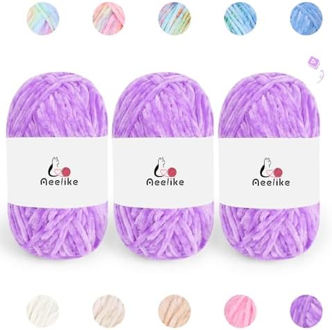 Aeelike 3 Pack Chenille Yarn,Soft Polyester,Each 100g/10.5oz 197yds,Purple