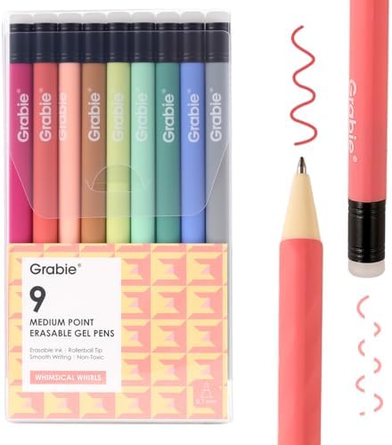 Grabie Erasable Gel Pens, 9 Color 0.7 mm Pens, Whimsical Whirls | Thermo-Sensitive Gel Ink, Clean Erasing, Smooth Writing, Twist-up Design, Drawing, Journaling, Planner, School And Office