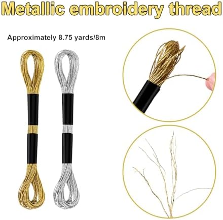 6 Skeins Embroidery Threads, Metallic Embroidery Floss (Gold + Silver)