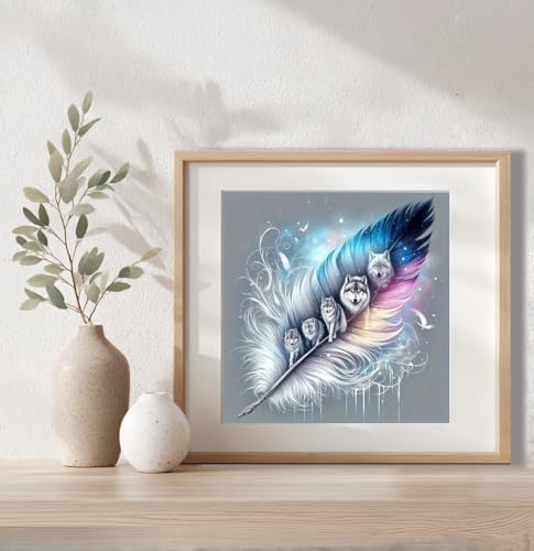 Acelii 5D Diamond Art Kits for Adults Beginners,Wolf Pack Feather DIY Full Round Drill Diamond Painting Kits, Paint by Diamonds Dots Gem Art Easy,Home Wall Decor 14X14 Inch