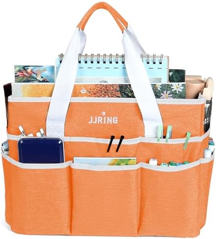 JJRING Craft Organizer Tote Bag Large Art Storage Caddy Orange | With Multiple Pockets For Sewing, Scrapbooking, School, Medical, And Office Supplies