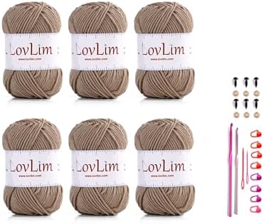 Yarn Pack, 6 skeins of 50g Each, Soft Cotton Yarn for Crochet and Knitting, Craft DK Amigurumi Yarn (Six Light Brown)