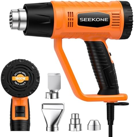SEEKONE Heat Gun 1800W with 1112℉&752℉ 2 Temperature Settings for Crafting | 2-Speed Airflow 500/250L/min, Ergonomic Handle, Overheat Protection, 4 Nozzles For Vinyl Wrap, Shrink Wrap, Paint Removal