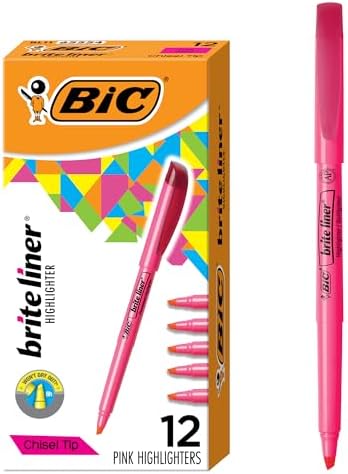 BIC Brite Liner Highlighters, Chisel Tip, 12-Count Pink Set for Organizing