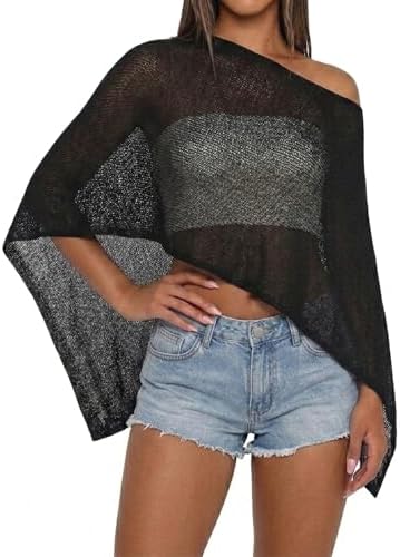 Women Sheer Knit Poncho Top Beach Cover Up Lightweight Crochet Shrug Y2k Summer See Through Shawl