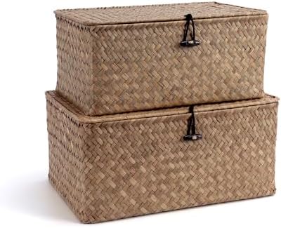 Nonam Wicker Storage Basket with Lid,Seagrass Shelf Basket Set of 2,Coffee