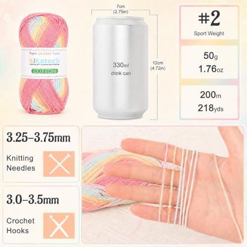 Katech 1OO% Ombre Cotton Yarn for Crocheting-2 Sport Weight Baby Yarns