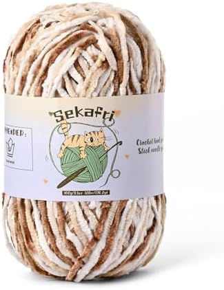 Fuzzy Chenille Yarn for Crocheting, Fluffy Amigurumi Crochet Yarn for DIY Craft/Hat/Shoes, (100g/197yds) Soft Velvet Baby Blanket Yarns (White Coffee)
