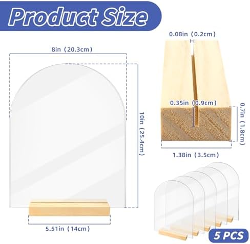 Bercoor 5 Pack 8x10 Inch Blank Clear Arch Acrylic Sign with Wooden Stands, Arched Round Top Acrylic Sheet, Arch Table Numbers for DIY Name Card Gifts Event Party Sign Decoration