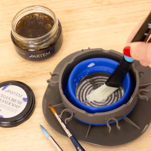 Hartem - Collapsible Paint Brush Cleaner Cup 3-in-1 – Brush Washer, Holder & Drying System - Portable Silicone Paint Rinse Cup with 6 Brush Slots - For Acrylic & Watercolor Artists