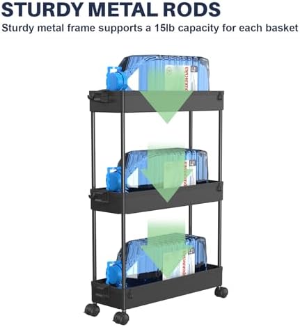 SPACELEAD 3 Tier Rolling Cart with Wheels, Storage Craft Art Trolley Organizer Serving, 3 Hanging Baskets Easy Assembly, for Office, Bathroom，Living Room, Kitchen, Black