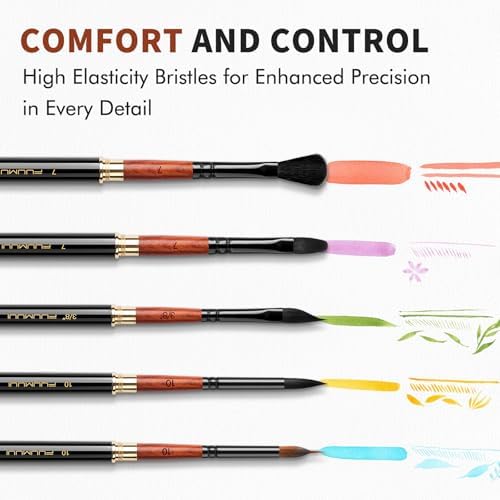Fuumuui Travel Watercolor Brushes, 5Pcs Professional Plein Air Elegant Natural Squirrel Hair Travel Paint Brush Set with Sable Extended Needle Point Perfect for Watercolor Gouache Ink Painting