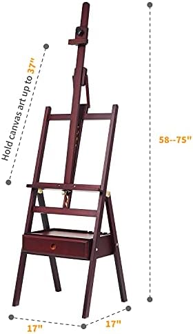 MEEDEN Studio H-Frame Easel with Storage Drawer - Adjustable (60"~75") Forward Tilting Solid Beech Wood Easel Stand for Artists, Students & Beginners, Holds Canvas Art up to 36", Deep Walnut