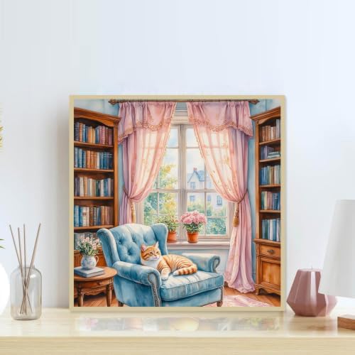 Accompany Wind Book Diamond Art Kits for Adults, 5D Cat Diamond Painting Kits for Beginners,DIY Round Full Drill Diamonds Gem Art Crafts for Home Wall Decor Gifts 14x14 Inch
