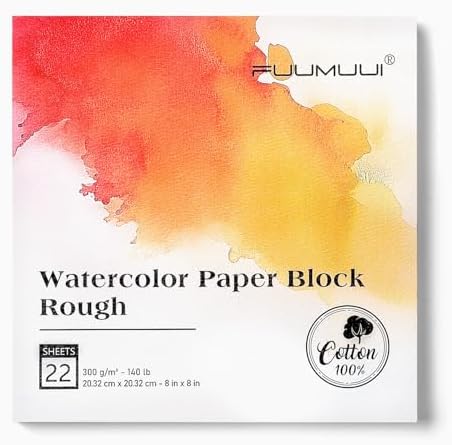 Fuumuui 8×8 Watercolor Paper Block, Textured Rough 100% Cotton Watercolor Paper, 140lb/300gsm, 22 Sheets, Acid-Free, Art Paper for Painting & Drawing, Wet, Mixed Media, Rough Grain