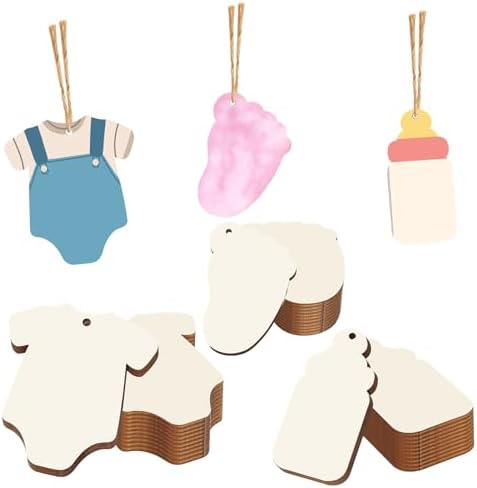 Baby Shower 30Pcs Unfinished Wooden Gift Ornaments DIY Craft Present Paintable Blank Natural Onesie Bottle Footprint Cutouts Hanging Wood Slices for Party Supplies