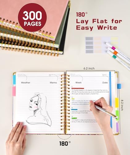 Hardcover Spiral Notebook journal with Removable Dividers Tabs, 300 Pages 5 Subject Notebook College Ruled, 100GMS Notebooks for Work School Note taking,Lined Journal for Women,A5 Colorful Feather
