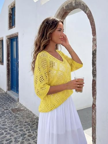 Womens Crochet Top Summer 3/4 Sleeve Cover Up V Neck Boho Tops