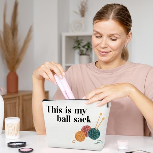 Crochet Makeup Bag for Women, Knitting Gifts for Crochet Lovers Knitters, This is My Ball Sack Cosmetic Bag for Purse, Handmade Gifts