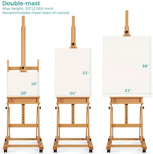 VISWIN Extended Large H-Frame Easel for Painting, Adjustable Beech Wood Artist Easel Stand with 4 Wheels & Storage Tray, Foldable Art Easel Floor for Adults, Hold Canvas up to 93" - N