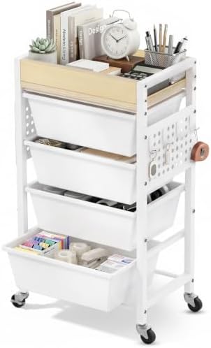 5 Tier Rolling Cart with Drawers, Plastic Drawer Storage Craft Cart with Pegboards & Hooks, Metal Utility Cart with Wheels & Wooden Tabletop, Classroom Office Art Supply Organizers and Storage, White
