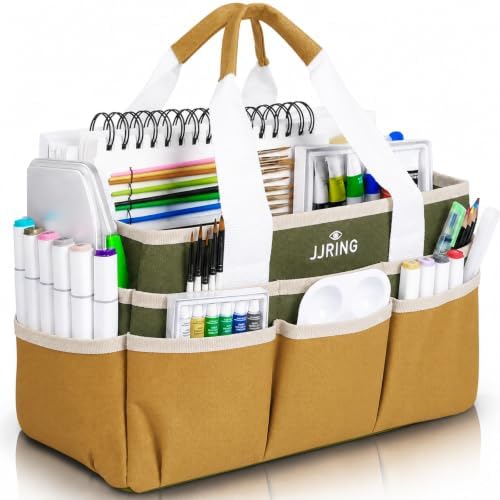 JJRING Craft Organizer Tote Bag Art Storage Caddy Dark Green and Brown | With Multiple Pockets For Sewing, Scrapbooking, School, Medical, And Office Supplies