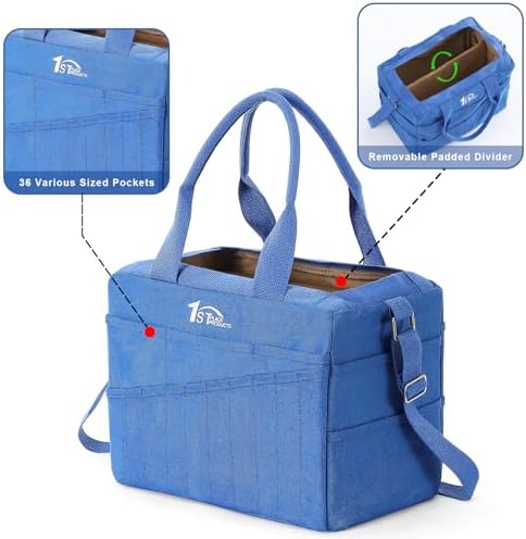 Art Craft Supply & Pottery Bag – 36 Pockets – Detachable Shoulder Strap - Handles – Removable Padded Divider - Washable – Tools, Knitting, Crochet, Yarn, Sewing, Scrapbooking, Clay, Tote