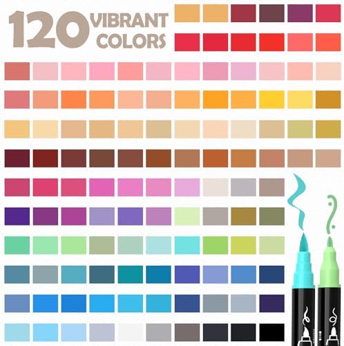 120 Colors Precision Dual Tip Acrylic Paint Markers Pens - Brush & Fine | Performs on Rock, Wood, Paper, Fabric, Egg, Scrapbook, Glass, Ceramic, Canvas, DIY Crafts Art Gift - School Supplies