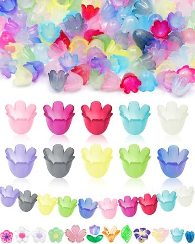 FIVEIZERO Flower Charms, 300PCS Acrylic Lily Flower Bead Caps, 10 Colors