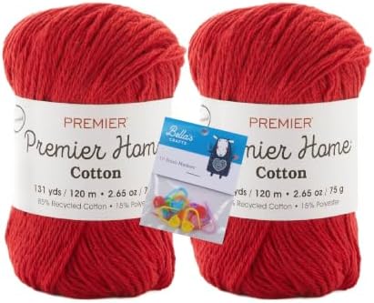 Premier Home Cotton Yarn 2-Pack Bundle with Bella's Crafts Stitch Markers (Cranberry)