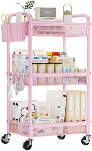 YASONIC 3 Tier Metal Rolling Cart, Pink Utility Storage Cart with Wheels | Metal Mesh Craft Cart With Hooks & Hanging Cups, Ideal For Kitchen, Bathroom, Office, Dorm, Art Workspace, Bedside Storage