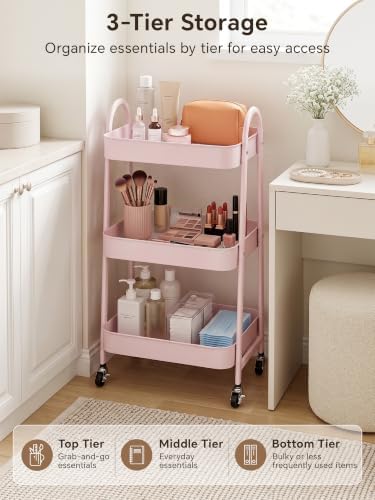 Booklov Rolling Makeup Cart Organizer, 3 Tier Utility Storage Cart, Pink