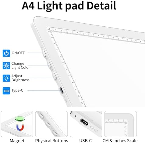 TOHETO A4 Light Board with Bag for Diamond Painting, Super Bright Magnetic Light Pad with Side Buttons, Lightbox for Tracing and Drawing, Corded Light Table for Sketching, Weeding Vinyl (White)