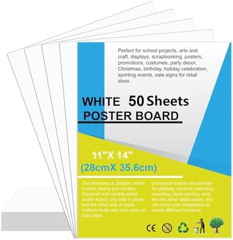 50 Pcs Poster Board 11" x 14" White Paper Bulk, ROOKEA 250GSM Vision Boards Poster Paper for School Arts Craft Projects Drawing Display Office Vision Supplies